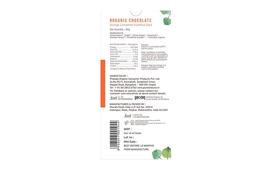 Pure & Sure Organic Chocolate Orange Cinnamon Hazelnut Dark   Pack  30 grams